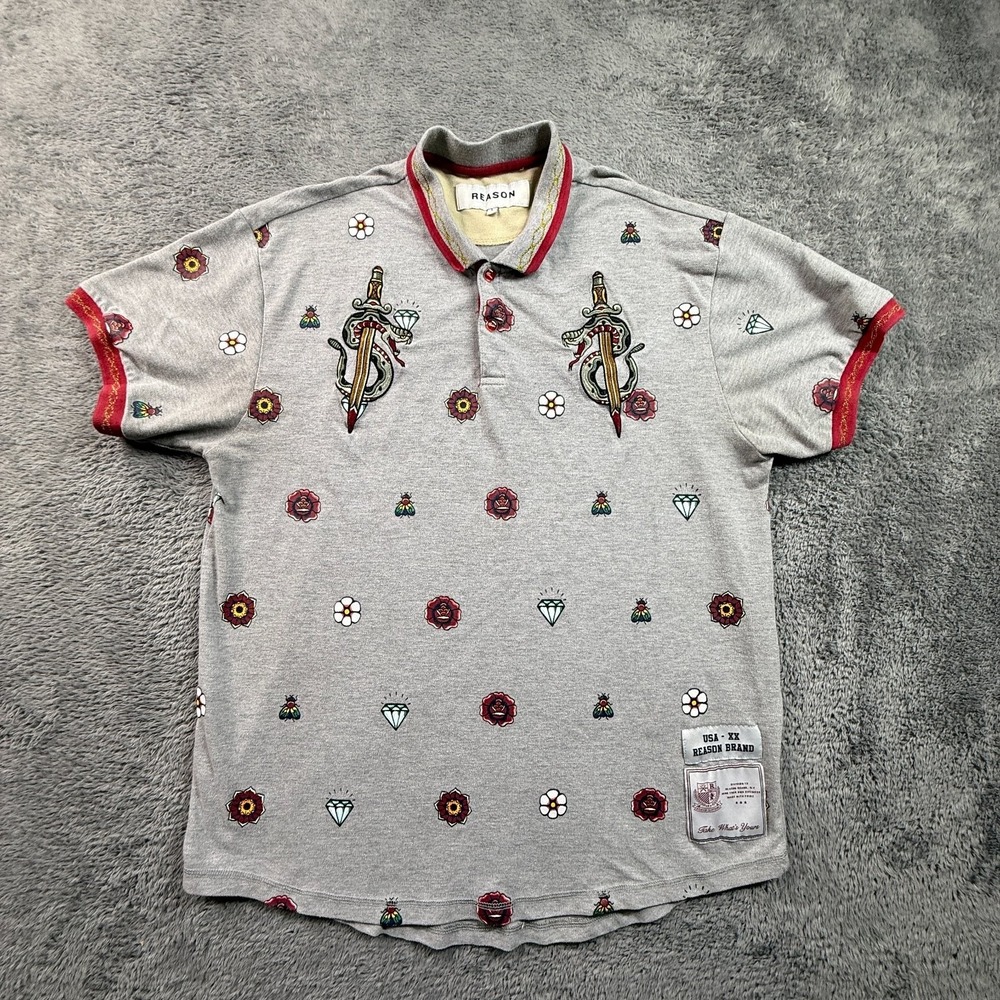 REASON Mens L Gray Polo Shirt Embroidered Snake Rose Diamond Print Cotton